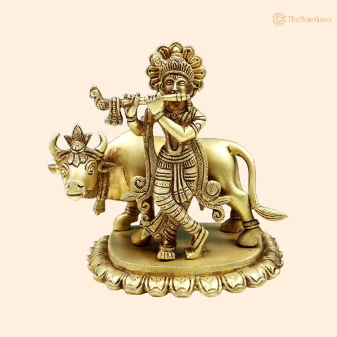 Brass Lord Krishna with Flute and Cow Idol 7 Inch