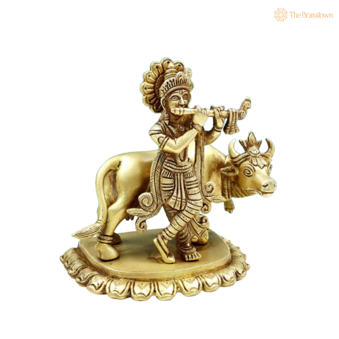 Brass Lord Krishna with Flute and Cow Idol 7 Inch