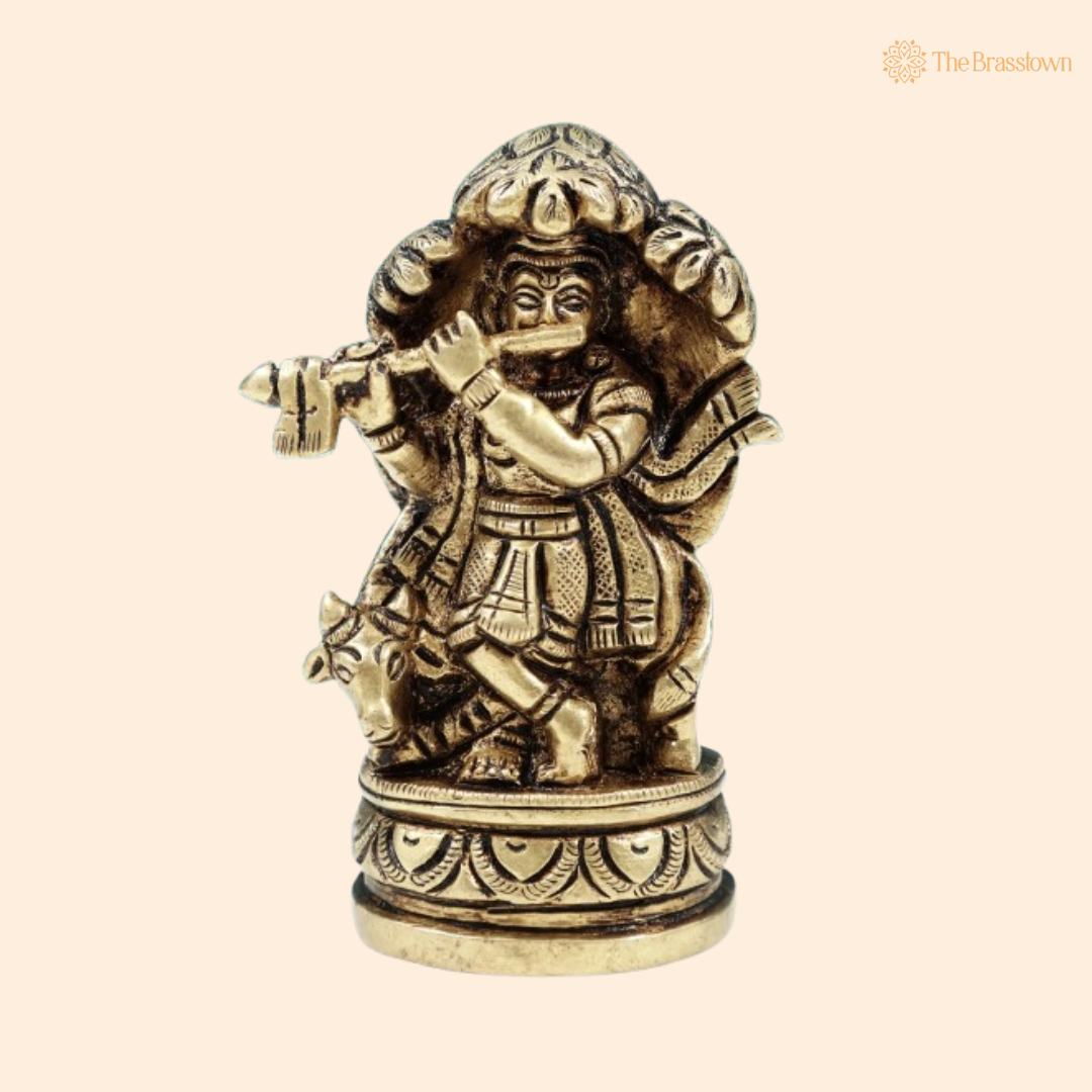 Brass Lord Krishna with Flute and Serpent Idol 3.5 Inch