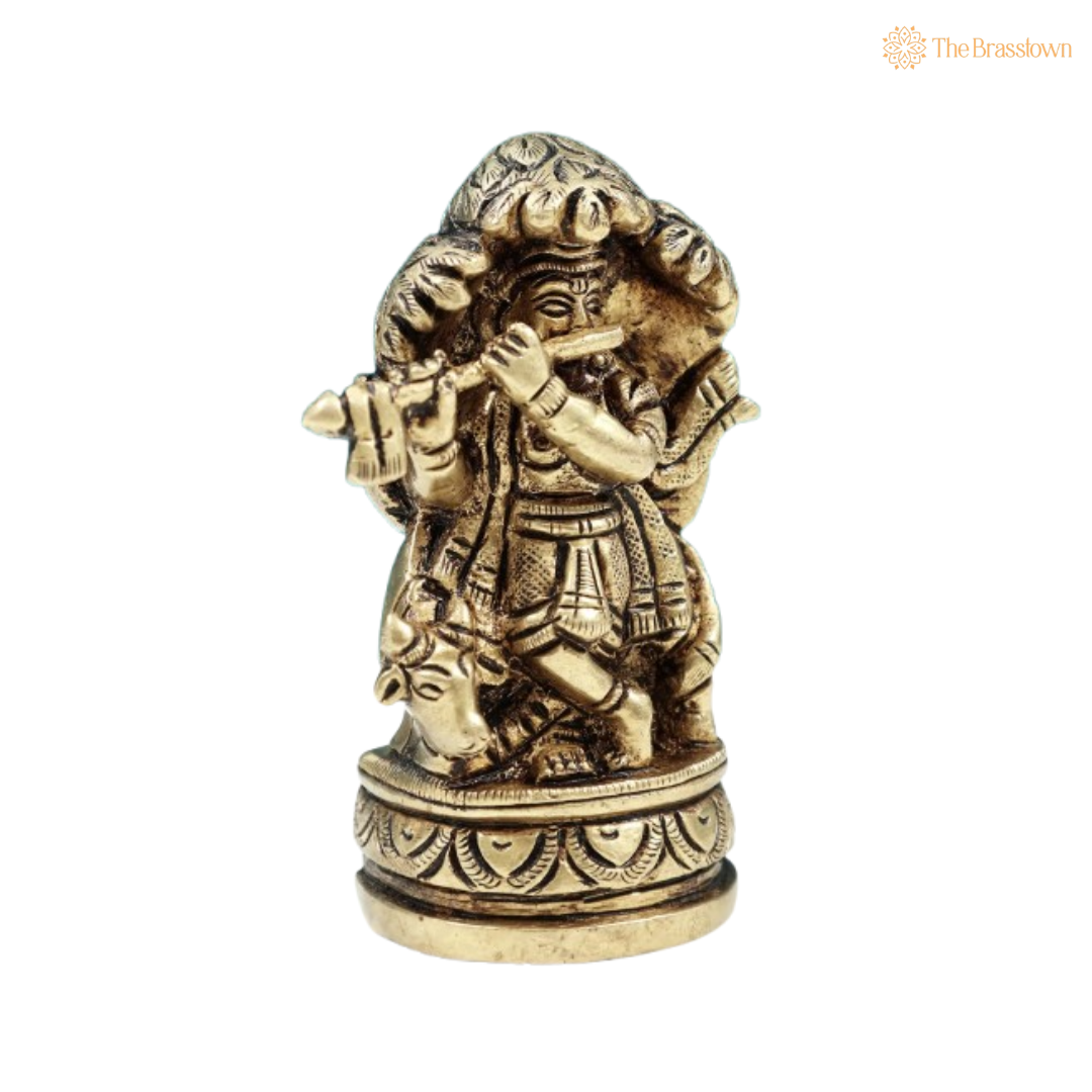 Brass Lord Krishna with Flute and Serpent Idol 3.5 Inch