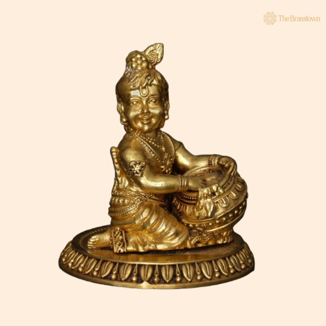 Brass Lord Krishna with Makhan Handi Idol 4 Inch