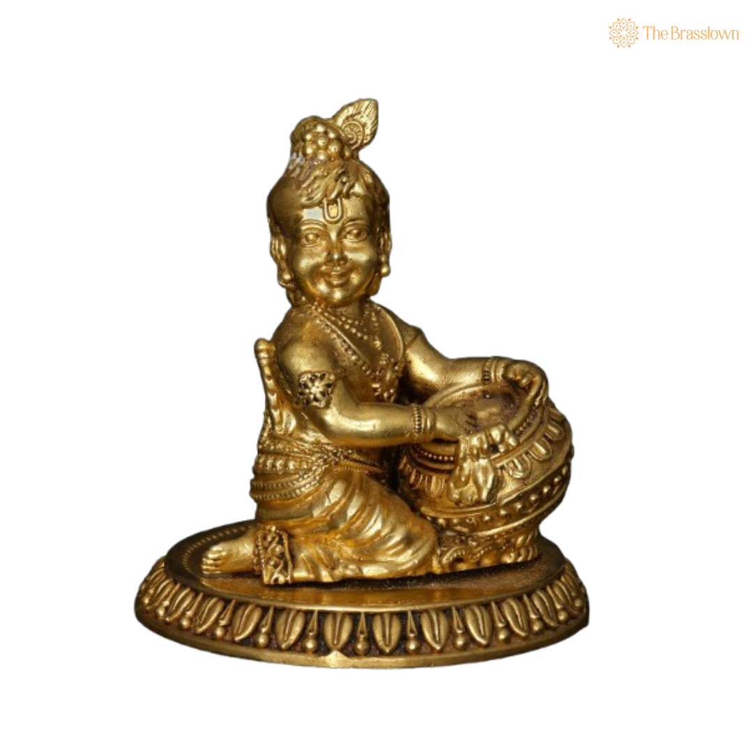Brass Lord Krishna with Makhan Handi Idol 4 Inch