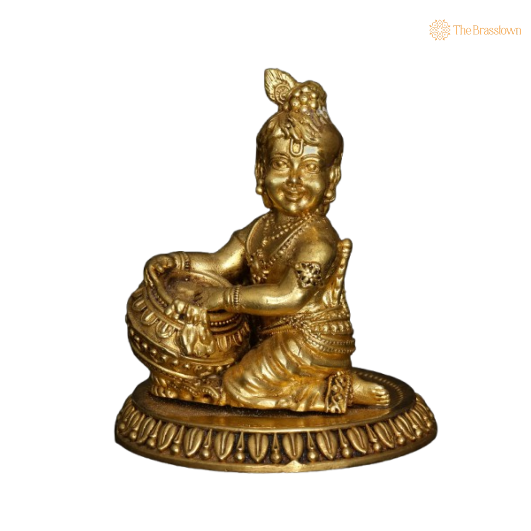 Brass Lord Krishna with Makhan Handi Idol 4 Inch