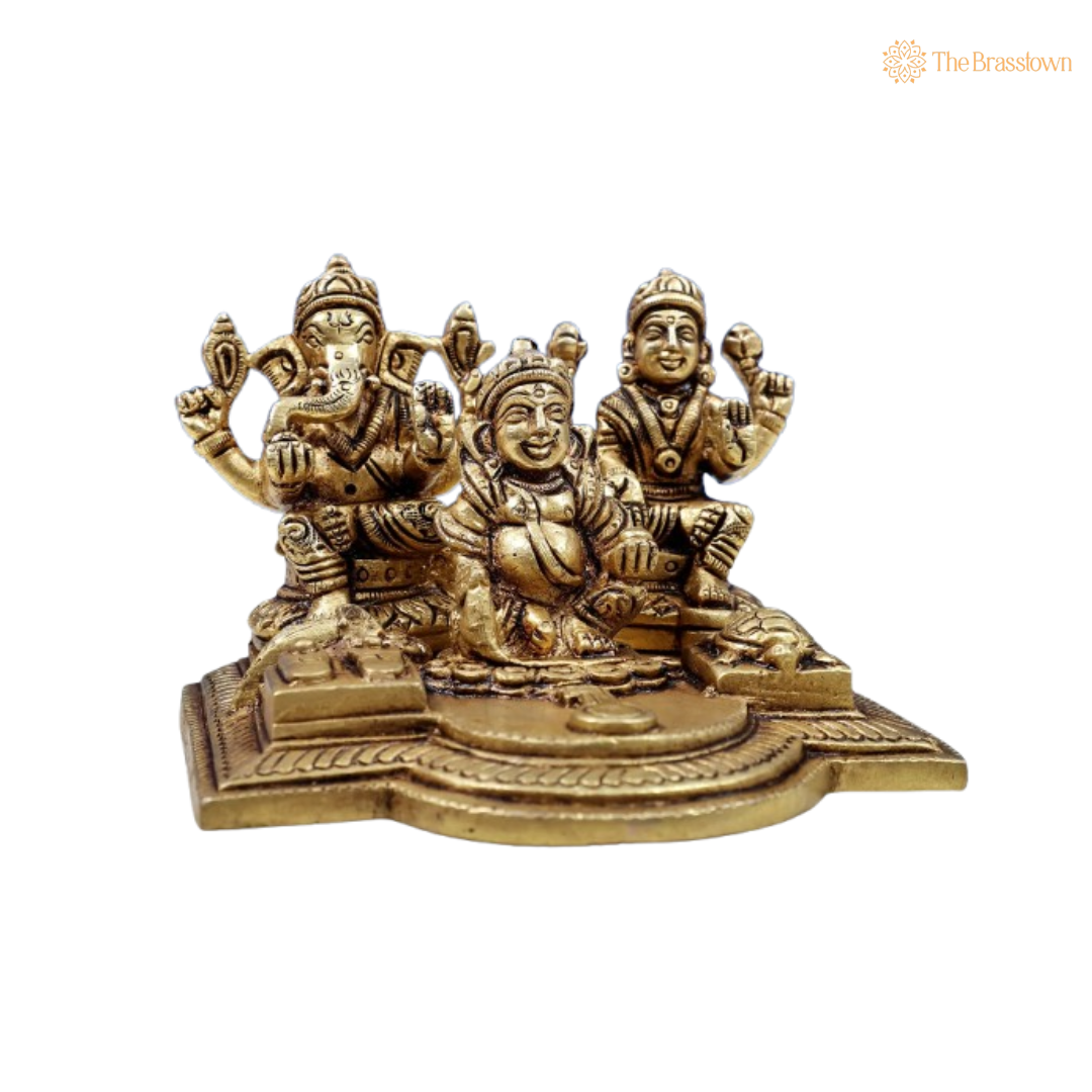 Brass Lord Kuber, Goddess Lakshmi & Lord Ganesha Idol 3 Inch