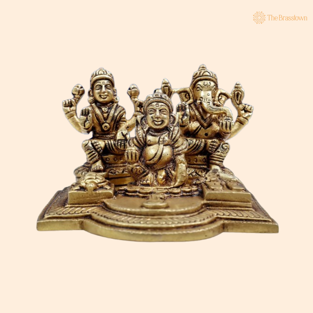 Brass Lord Kuber, Goddess Lakshmi &amp; Lord Ganesha Idol 3 Inch