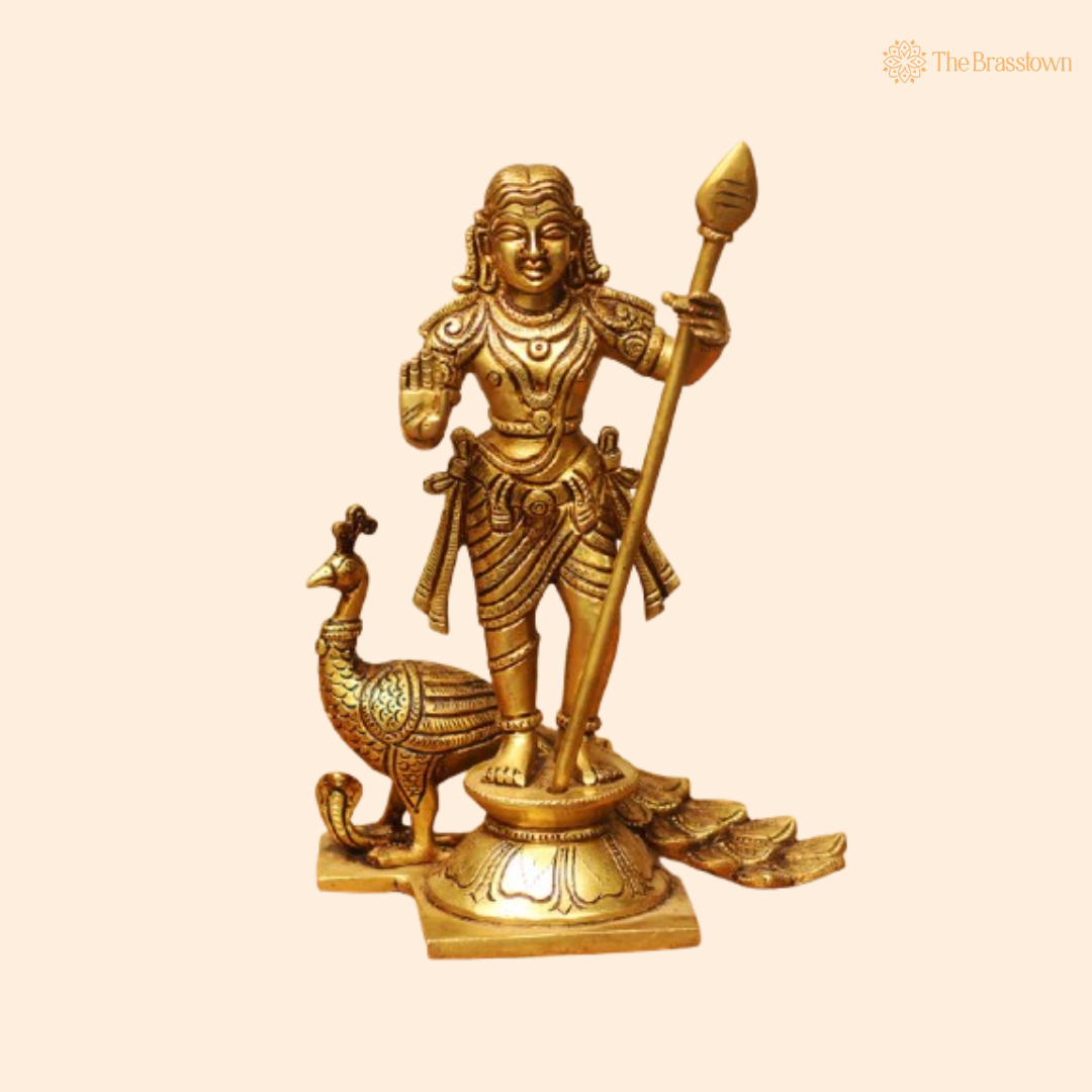 Brass Lord Murugan Idol – The Divine Warrior & Protector 9 Inch