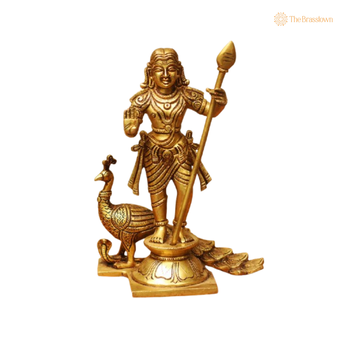 Brass Lord Murugan Idol – The Divine Warrior & Protector 9 Inch