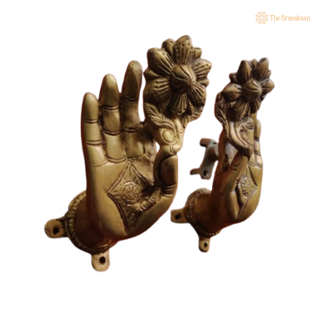 Brass Lotus Hand Door Handle Pair – Graceful Elegance for Your Space 7 Inch