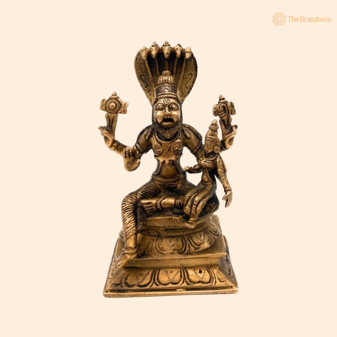 Brass Narasimha with Lakshmi Statue 7 Inch