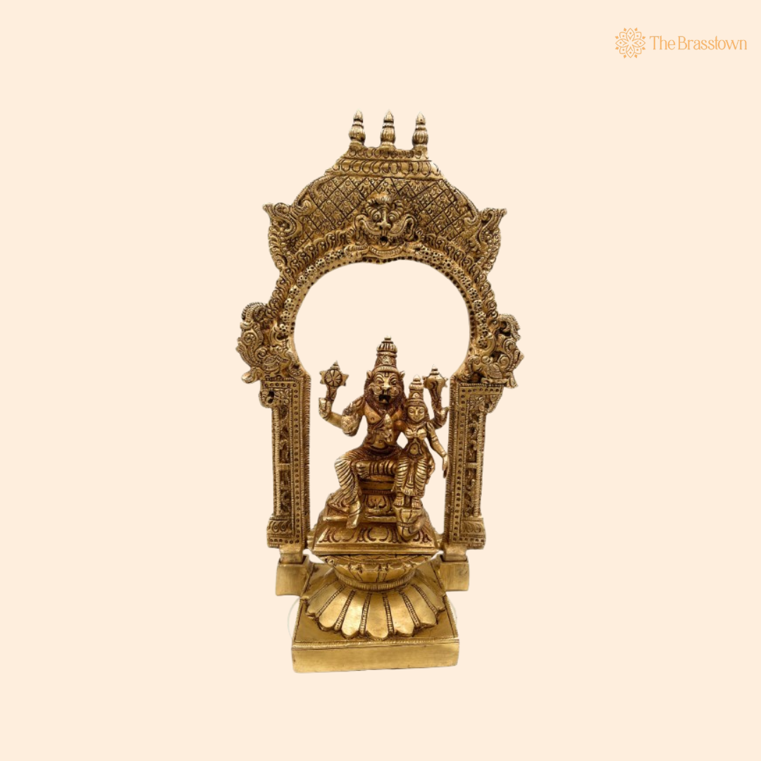 Brass Narasimha with Lakshmi Statue in Ornate Arch 10.5 Inch