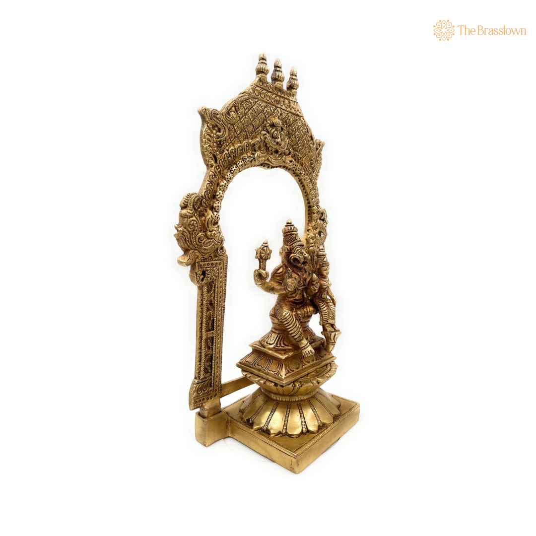Brass Narasimha with Lakshmi Statue in Ornate Arch 10.5 Inch