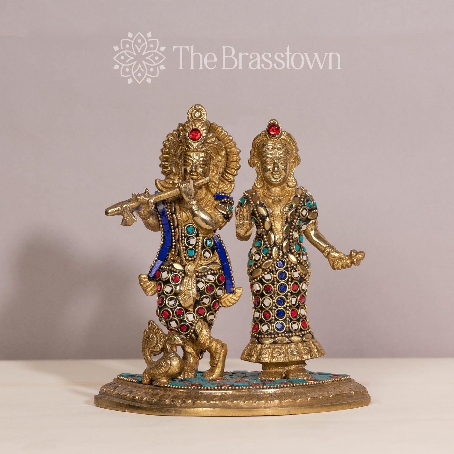 Brass Radha Krishna Statue with Colorful Stones – Handcrafted Home Decor Idol