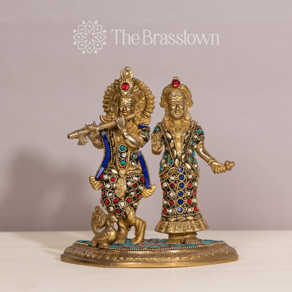 Brass Radha Krishna Statue with Colorful Stones – Handcrafted Home Decor Idol