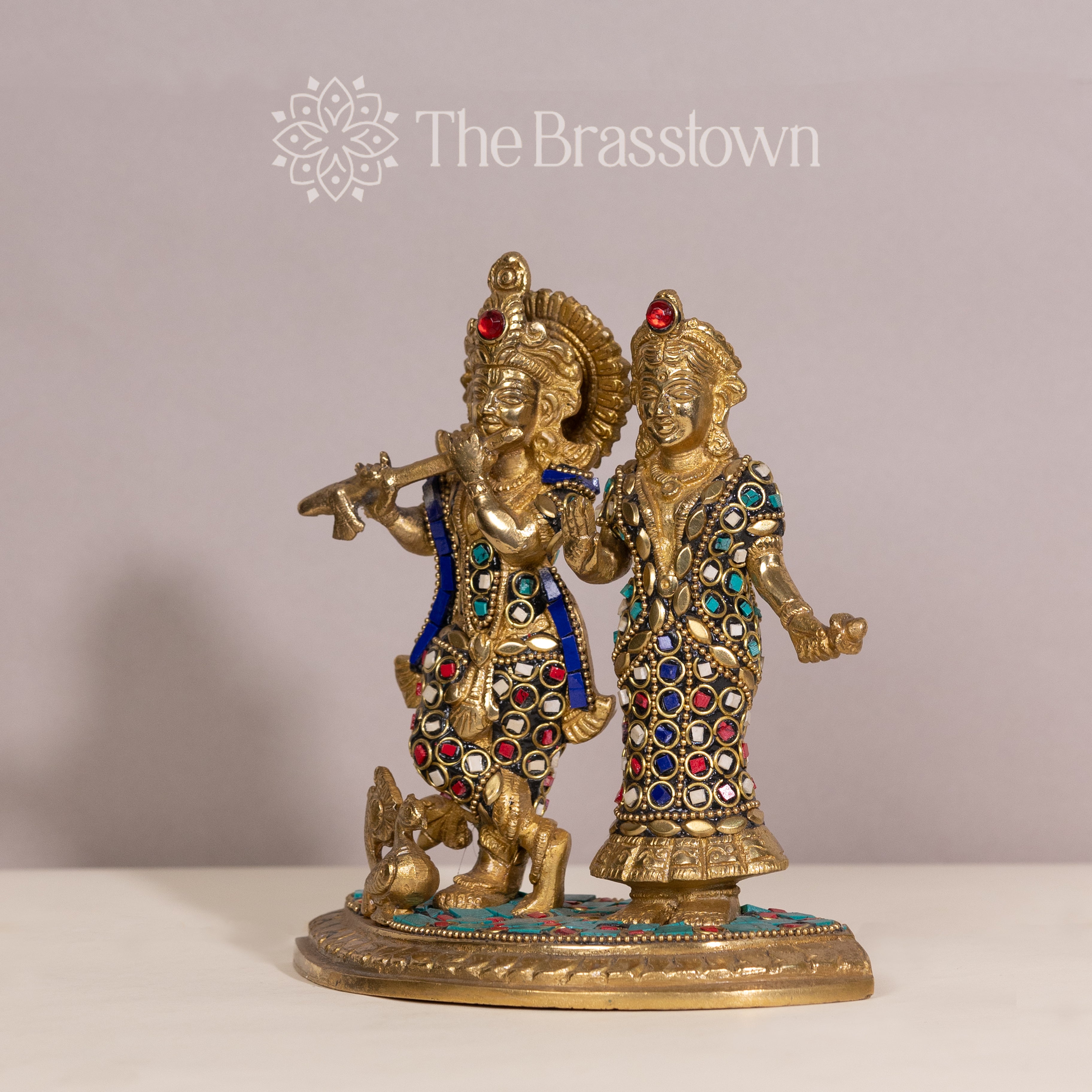Brass Radha Krishna Statue with Colorful Stones – Handcrafted Home Decor Idol