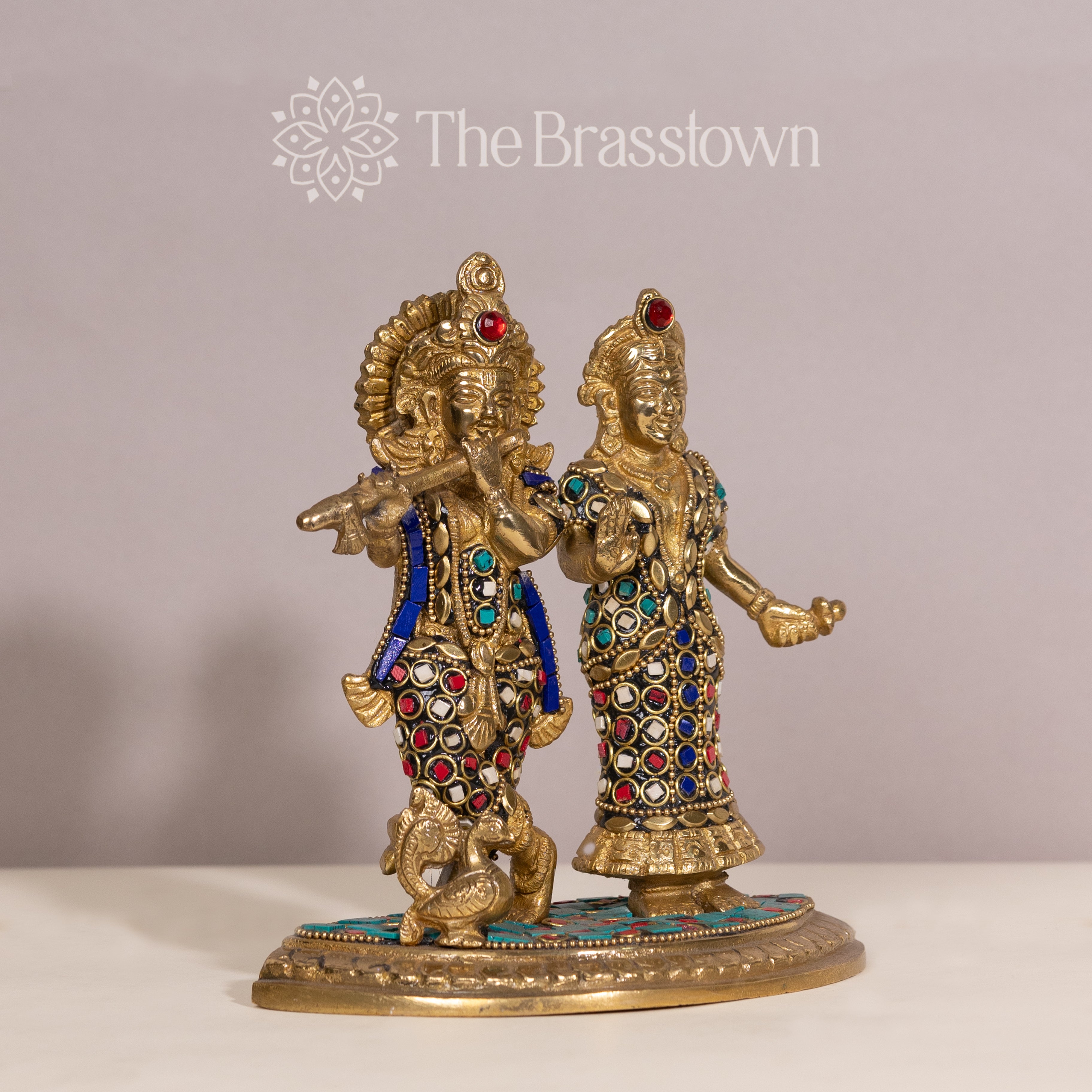 Brass Radha Krishna Statue with Colorful Stones – Handcrafted Home Decor Idol