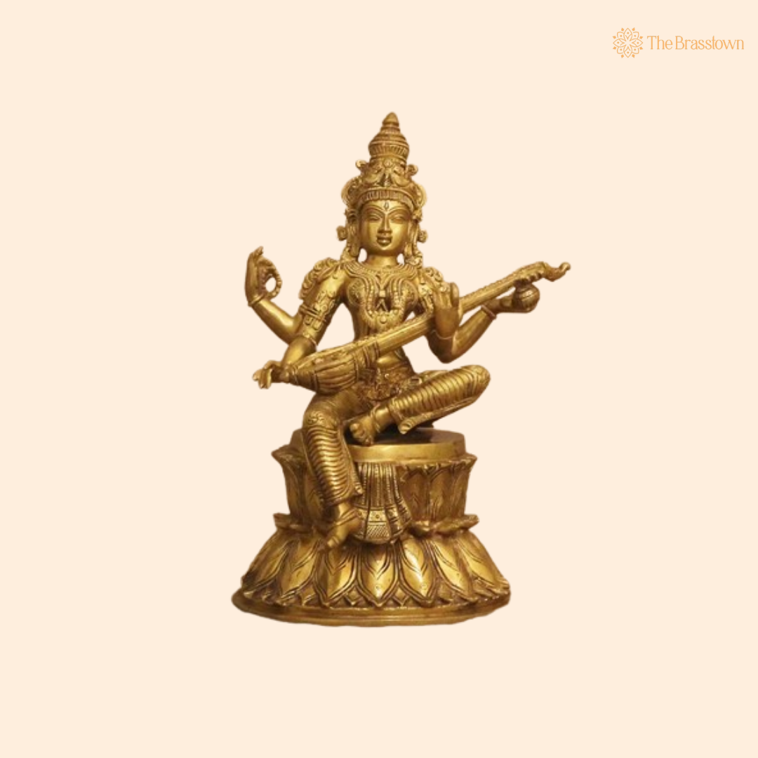 Brass Saraswati Sitting on Lotus Statue 15 Inch