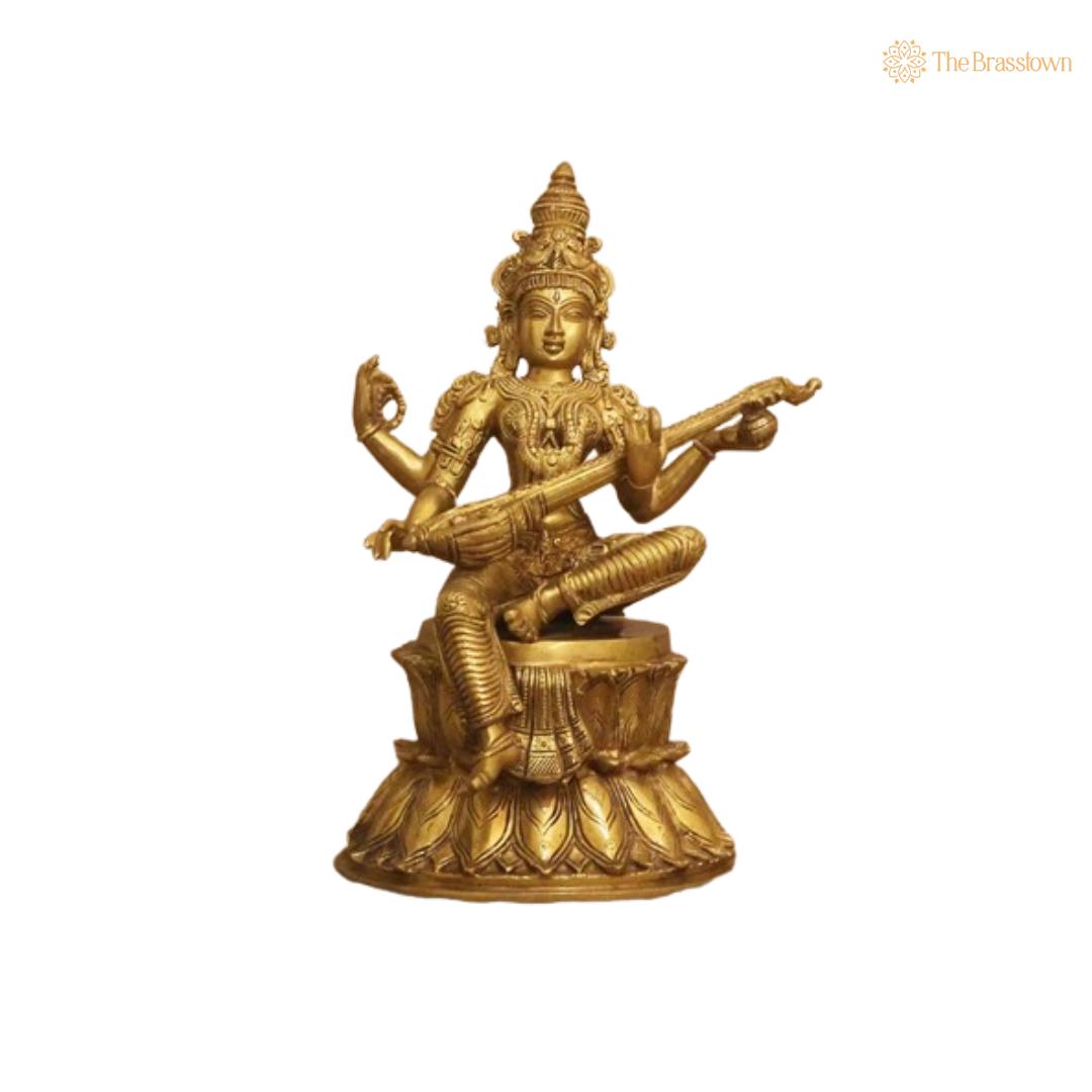 Brass Saraswati Sitting on Lotus Statue 15 Inch
