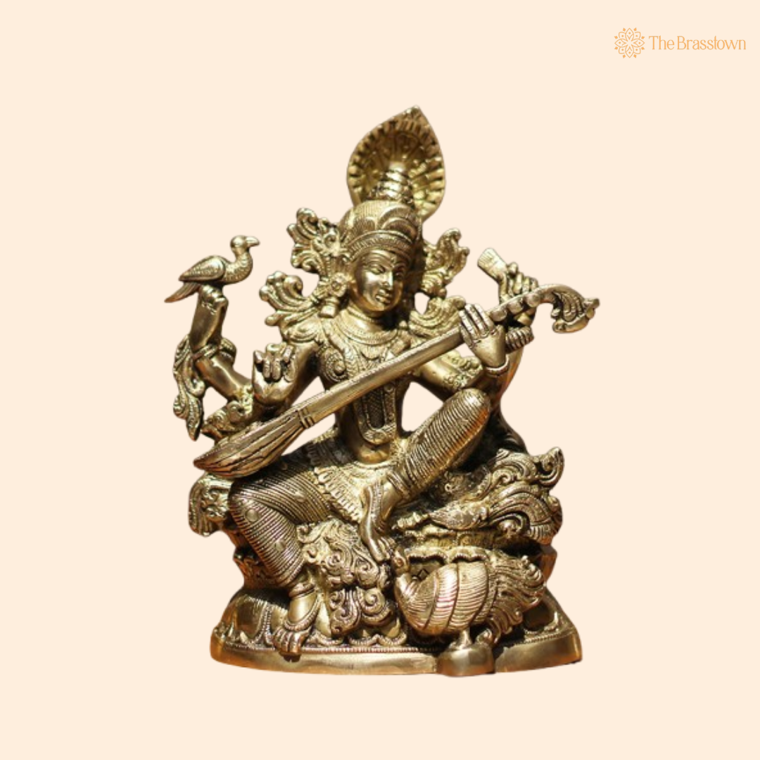 Brass Saraswati Statue with Peacock Motif 11 Inch
