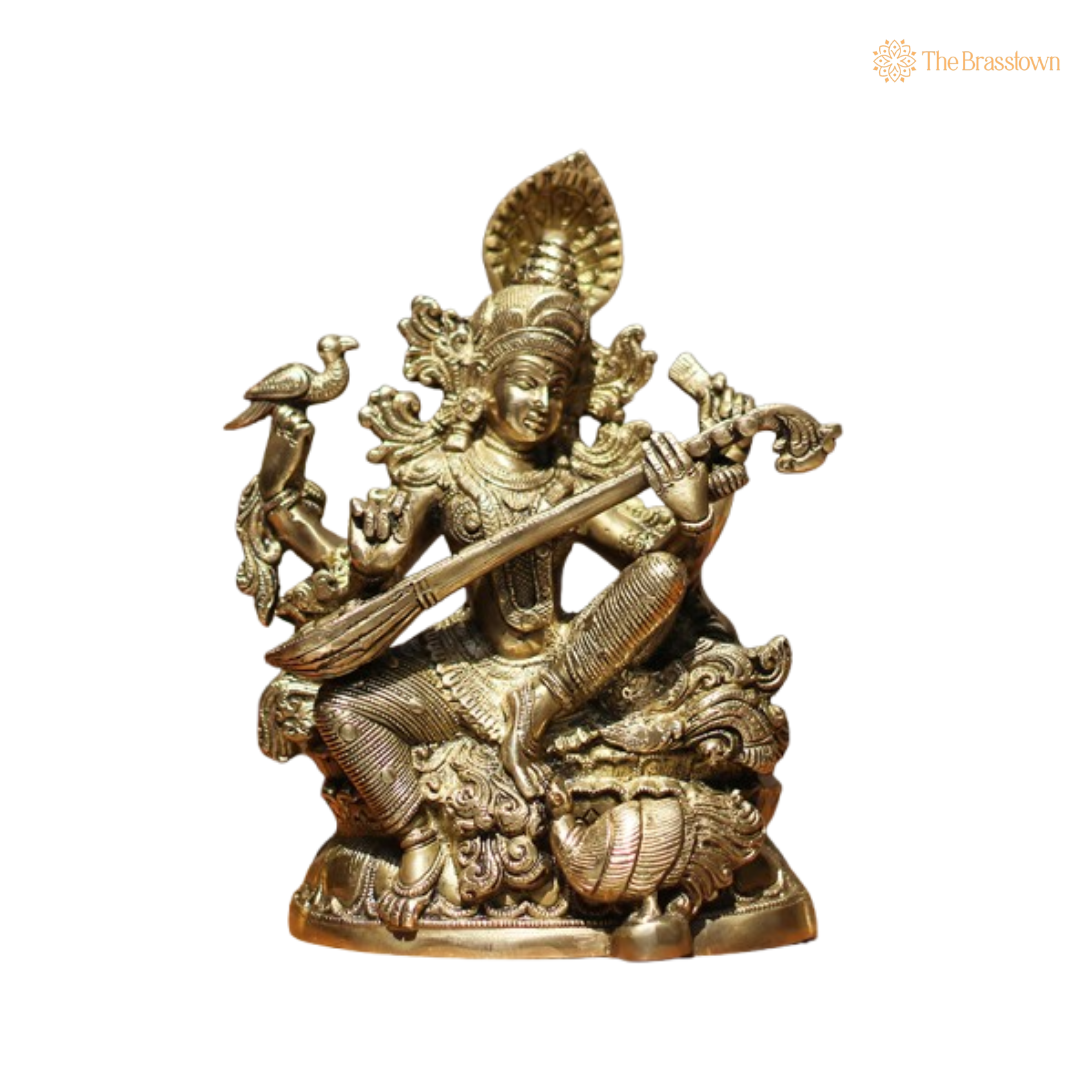 Brass Saraswati Statue with Peacock Motif 11 Inch
