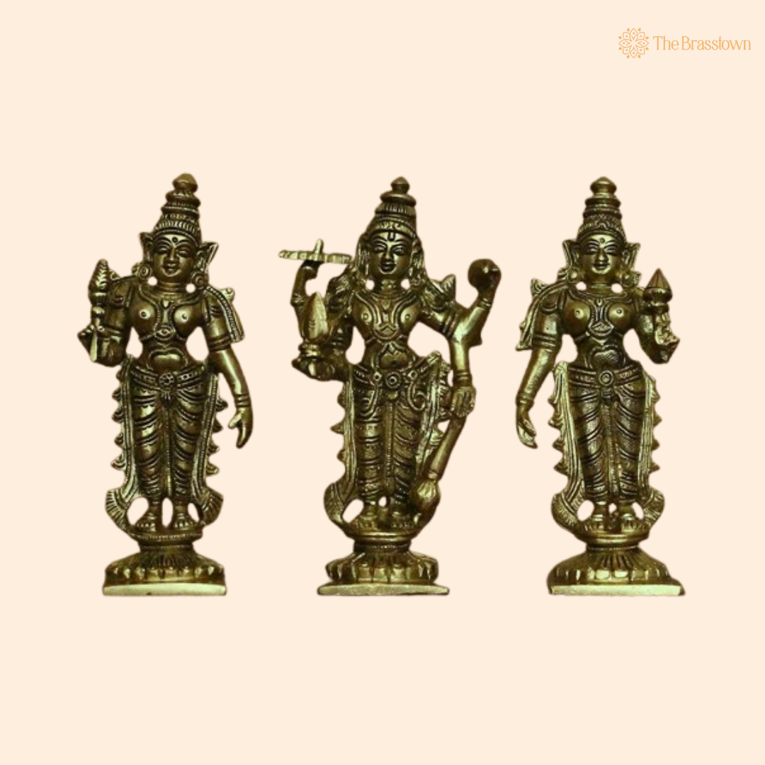 Brass Vishnu, Lakshmi, and Bhudevi Statue Set 6 Inch