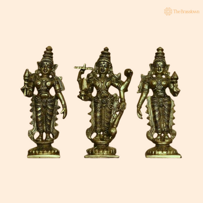 Brass Vishnu, Lakshmi, and Bhudevi Statue Set 6 Inch