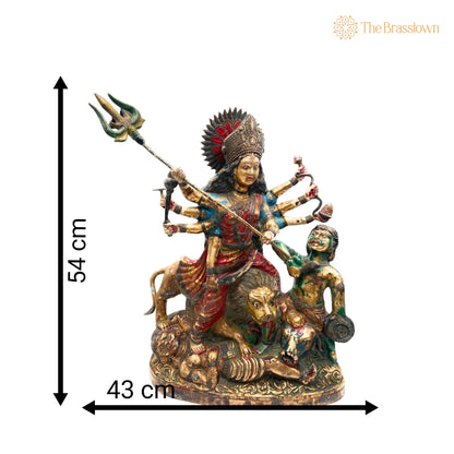 Brass Mahishasura Mardini Idol – Handcrafted Simhavahini Durga Devi Murti for Home Temple, Navratri Puja &amp; Décor 21.5 Inch 3