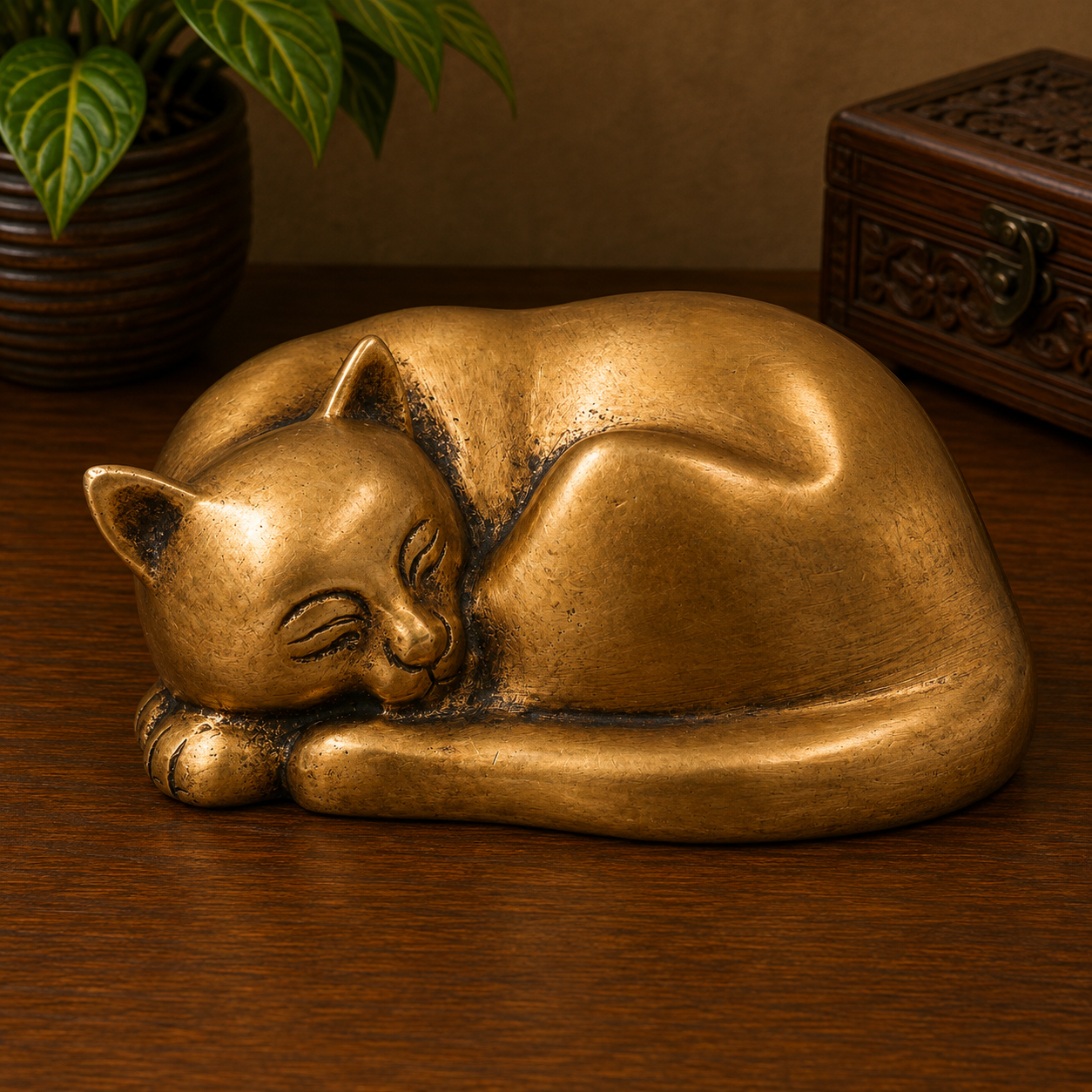 Handcrafted Brass Single Cat Idol – Handcrafted Cat Sculpture for Vastu, Home Décor, Pooja &amp; Luxury Gifting 3 Inch