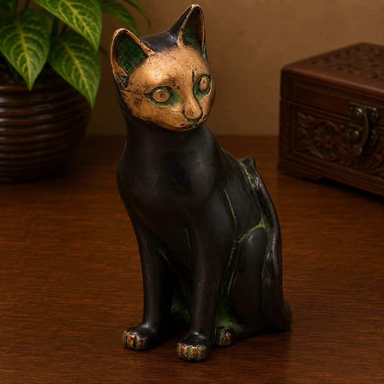 Brass Cat Idol – Handcrafted Cat Sculpture for Vastu, Home Décor, Pooja &amp; Luxury Gifting 8 Inch