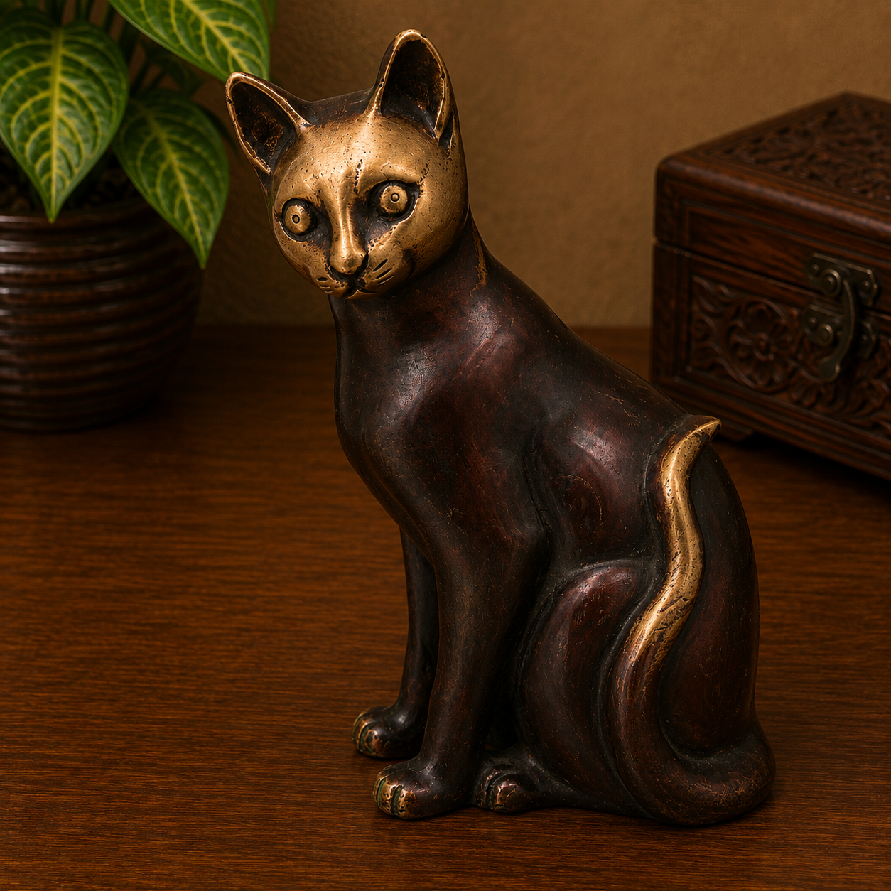 Brass Cat Idol – Handcrafted Cat Sculpture for Vastu, Home Décor, Pooja &amp; Luxury Gifting 8 Inch
