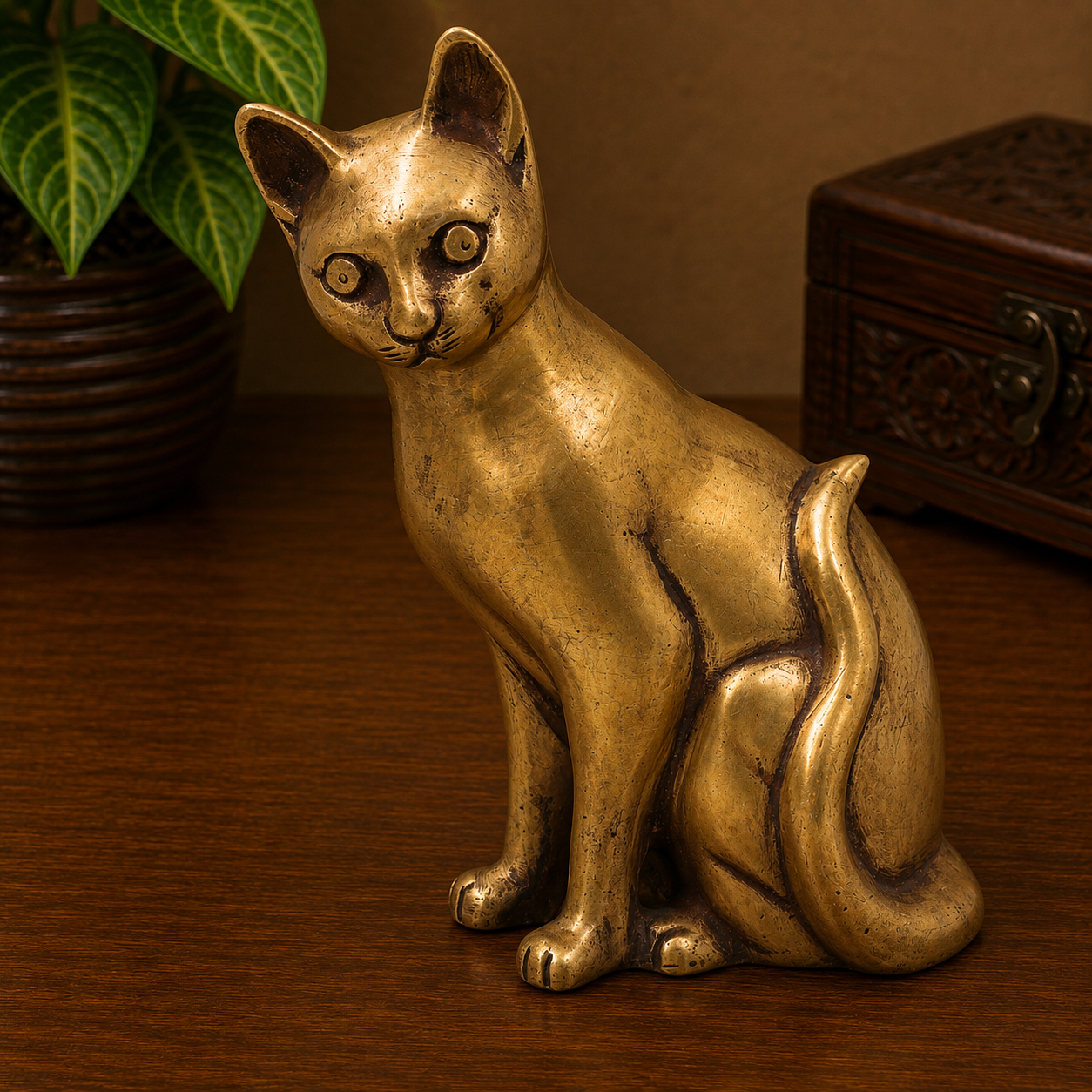 Brass Cat Idol – Handcrafted Cat Sculpture for Vastu, Home Décor, Pooja &amp; Luxury Gifting 8 Inch