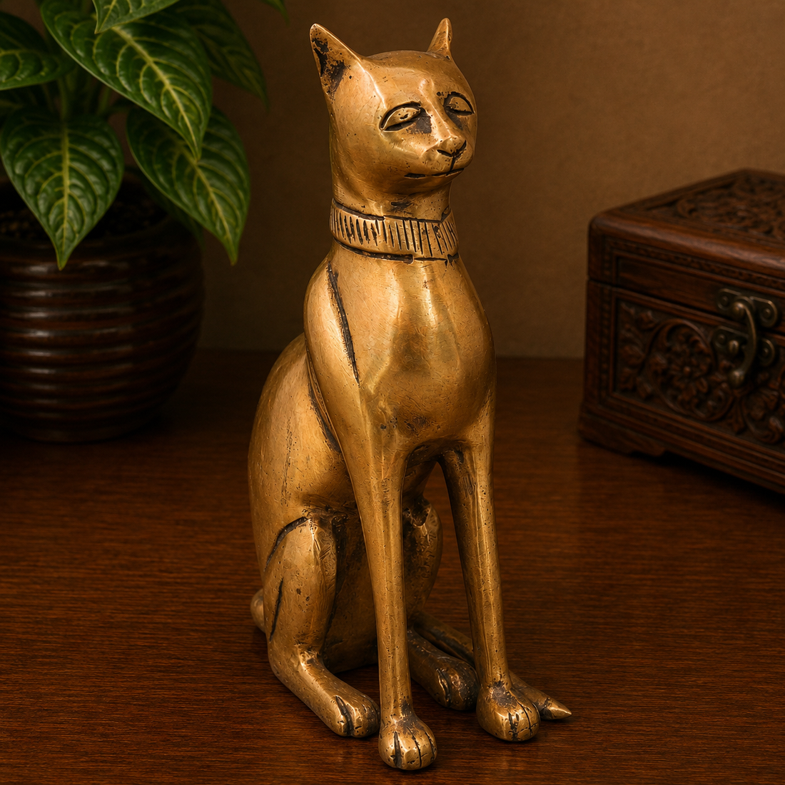 Brass Cat Idol – Handcrafted Traditional Cat Sculpture for Vastu, Home Décor, Pooja &amp; Luxury Gifting 8 Inch