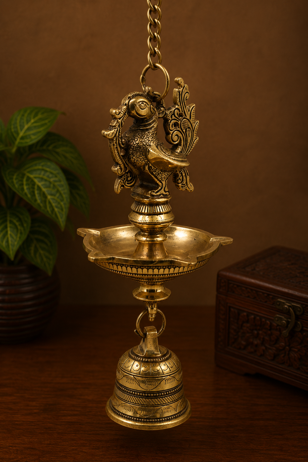 Hanging Brass Lamp Pooja Diya with Bell – Traditional Peetal Thooku Vilakku Deepam for Temple, Home Mandir &amp; Spiritual Décor 23 Inch