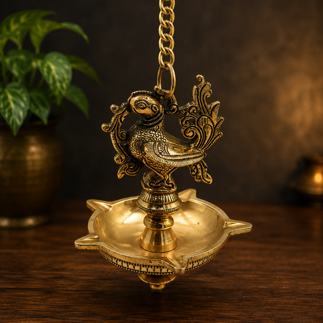 Brass Hamsa Hanging Lamp Pooja – Traditional Peetal Thooku Vilakku Deepam for Temple, Home Mandir &amp; Spiritual Décor 21.5 Inch