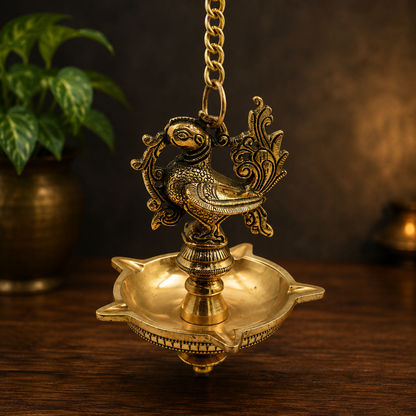 Brass Hamsa Hanging Lamp Pooja – Traditional Peetal Thooku Vilakku Deepam for Temple, Home Mandir &amp; Spiritual Décor 21.5 Inch