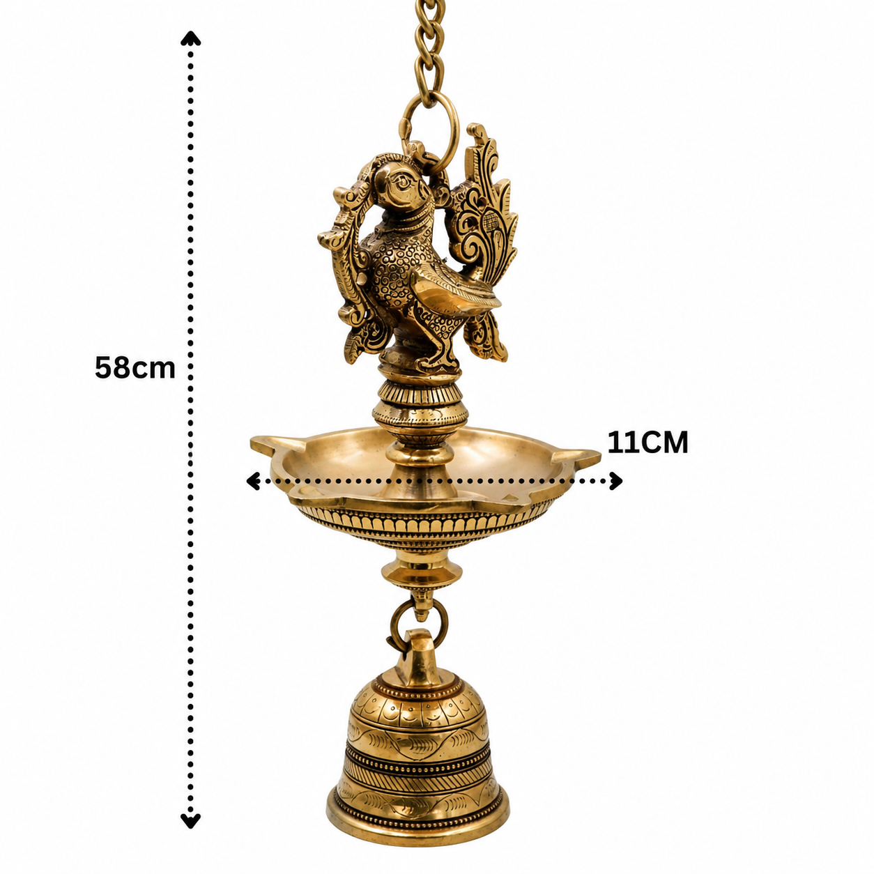 Hanging Brass Lamp Pooja Diya with Bell – Traditional Peetal Thooku Vilakku Deepam for Temple, Home Mandir &amp; Spiritual Décor 23 Inch