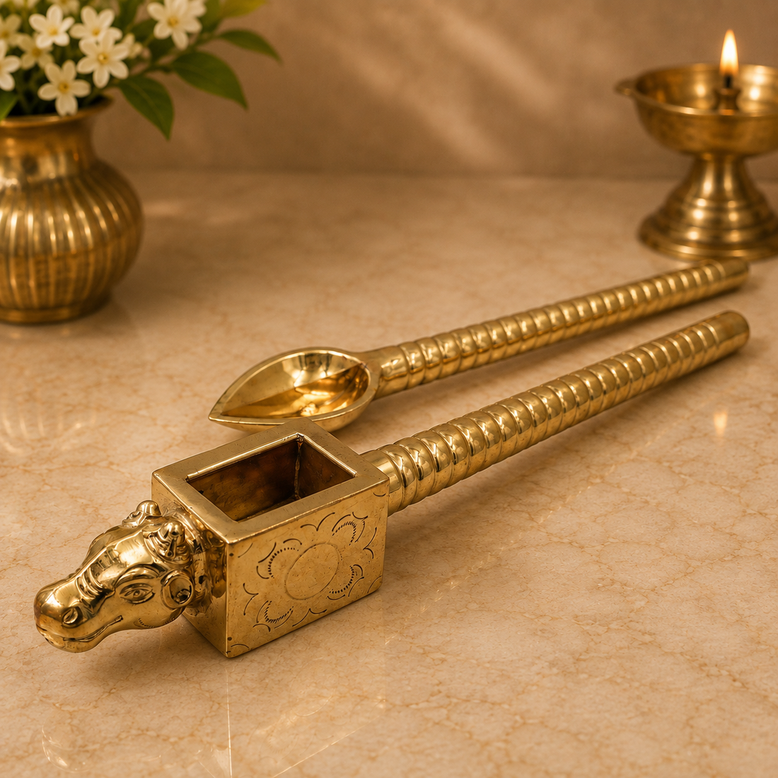 Brass Havan Spoon Set (Sruk &amp; Sruva) – Traditional Peetal Yagna, Homam &amp; Agnihotra Ritual Spoon Set for Vedic Pooja &amp; Temple Ceremonies 3 Inch