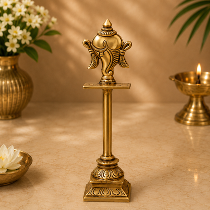 Brass Shankha Stand – Peetal Vishnu Symbol Balaji Shankh Figurine for Pooja, Home Temple &amp; Spiritual Décor 5 Inch