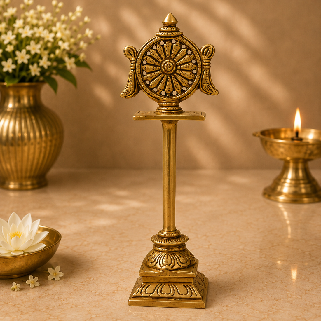 Brass Sudarshan Chakra Stand – Peetal Vishnu Symbol Balaji Sudarshan Chakra Figurine for Pooja, Home Temple &amp; Spiritual Décor 5 Inch