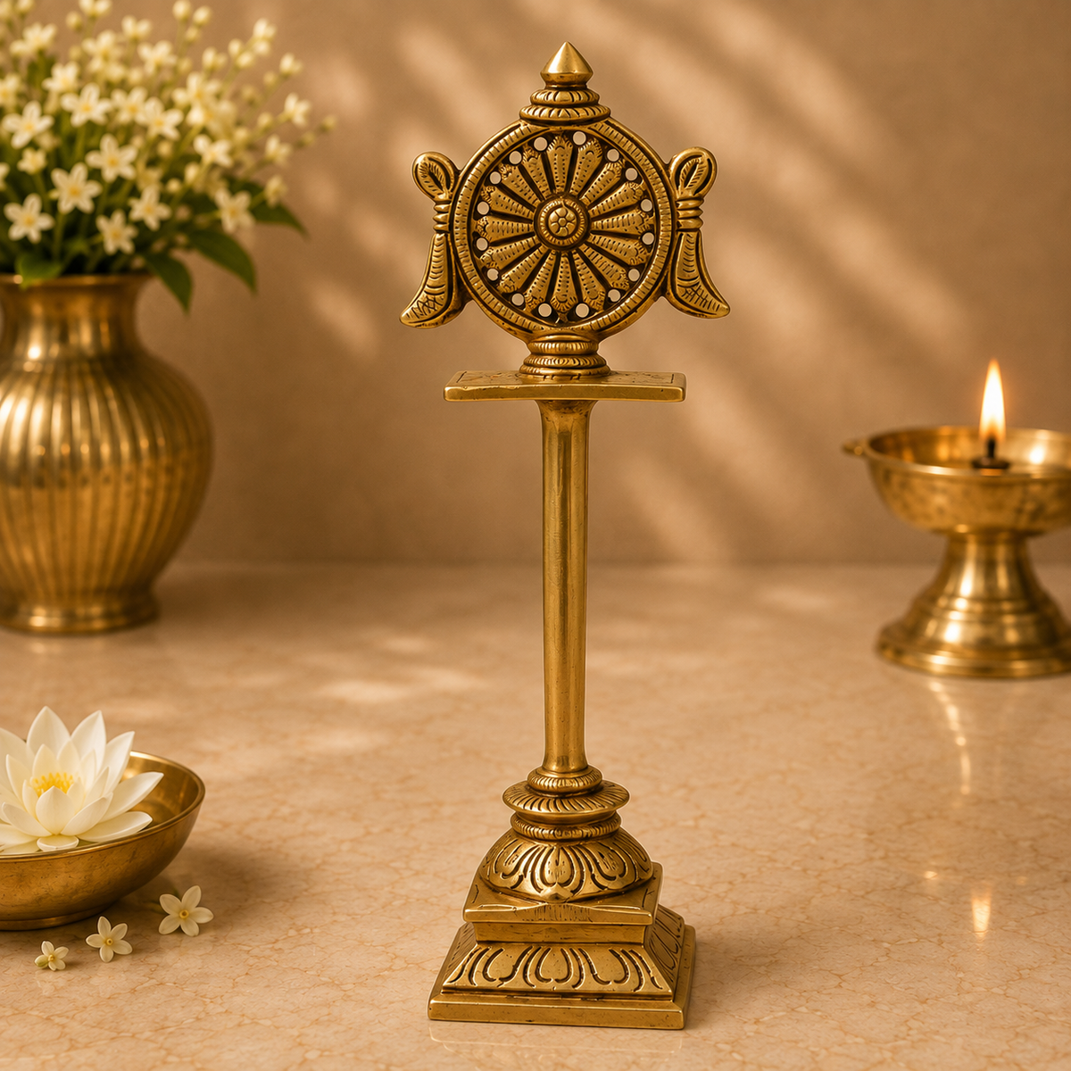 Brass Sudarshan Chakra Stand – Peetal Vishnu Symbol Balaji Sudarshan Chakra Figurine for Pooja, Home Temple &amp; Spiritual Décor 5 Inch