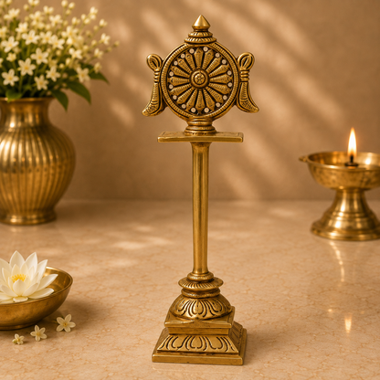 Brass Sudarshan Chakra Stand – Peetal Vishnu Symbol Balaji Sudarshan Chakra Figurine for Pooja, Home Temple &amp; Spiritual Décor 5 Inch