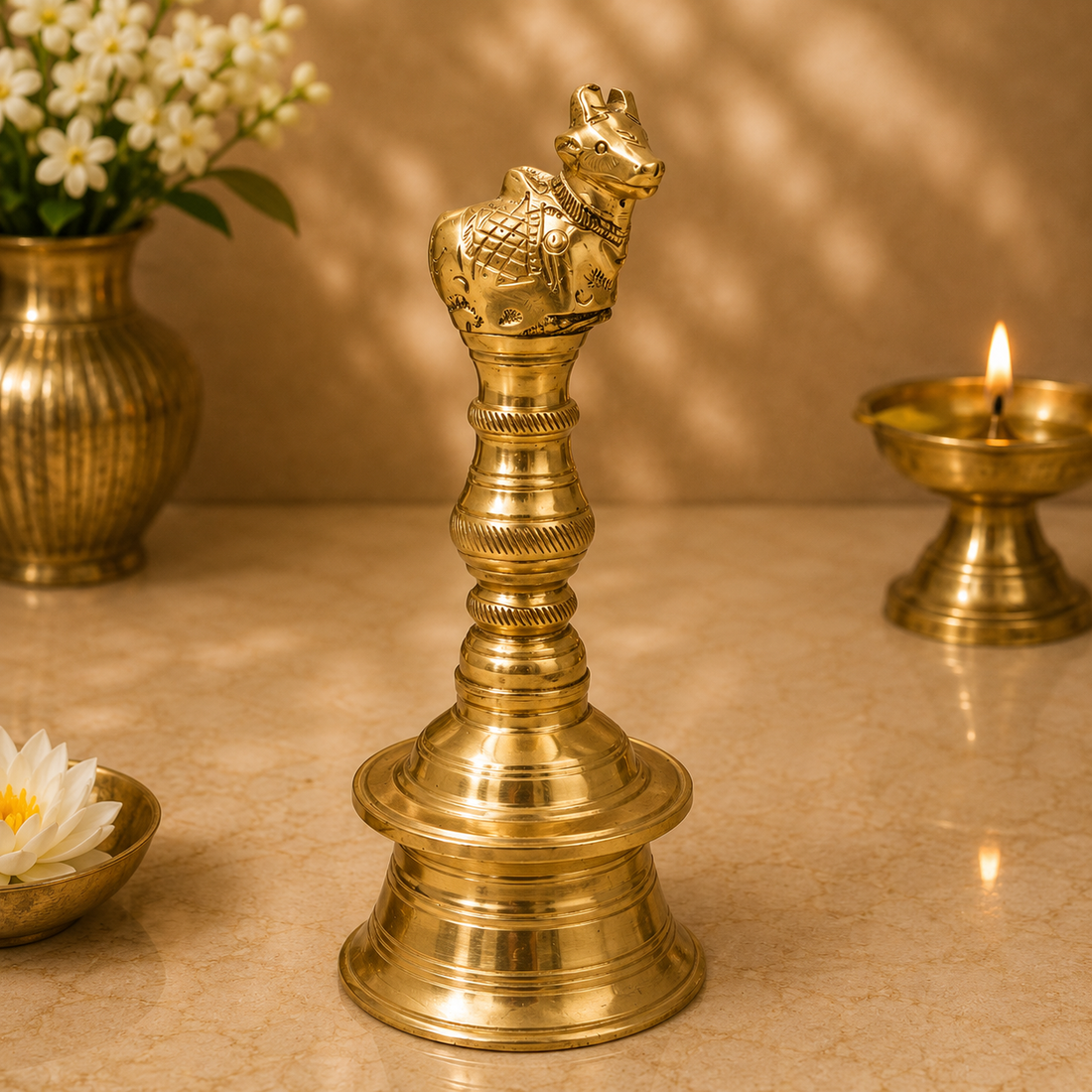 Brass Nandi Bull Bell Ghanti – Sacred Nandikeshwara Peetal Pooja Bell for Home Mandir, Temple &amp; Spiritual Décor 6.5 Inch