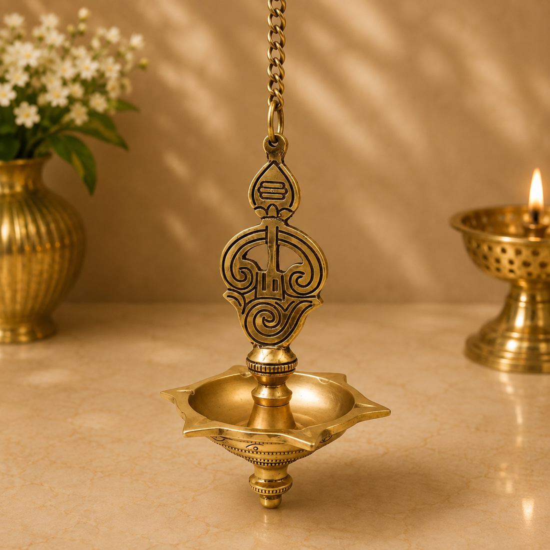 Hanging Brass Murugan Lamp Pooja Diya – Traditional Peetal Thooku Vilakku Deepam for Temple, Home Mandir &amp; Spiritual Décor 22.5 Inch