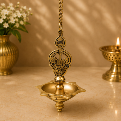 Hanging Brass Murugan Lamp Pooja Diya – Traditional Peetal Thooku Vilakku Deepam for Temple, Home Mandir &amp; Spiritual Décor 22.5 Inch