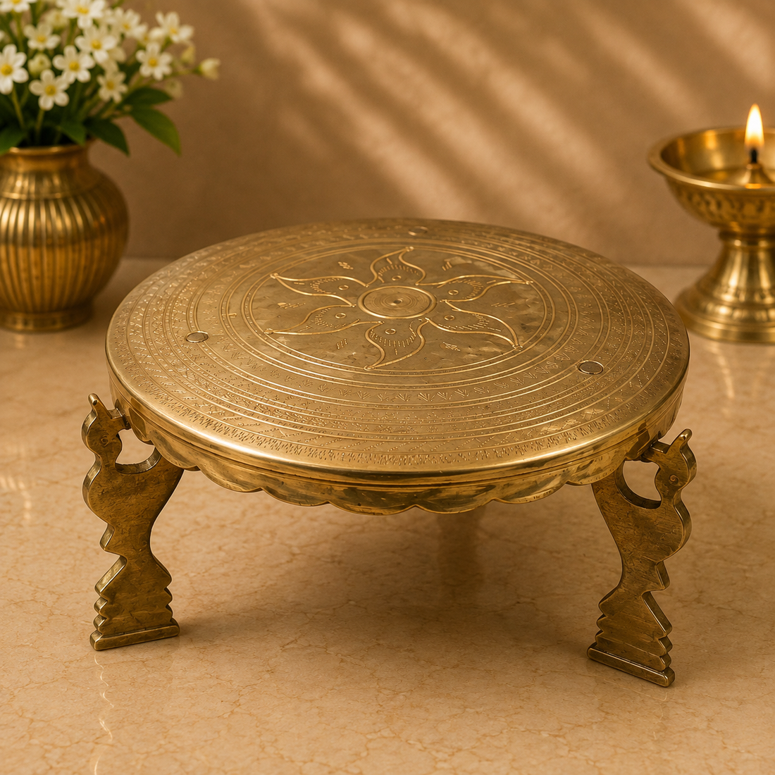 Round Flower Brass Pooja Stand Chowki – Traditional Peetham Singhasan Circular Idol Display Base for God Idols, Diya, Urli &amp; Temple Décor 10 Inch