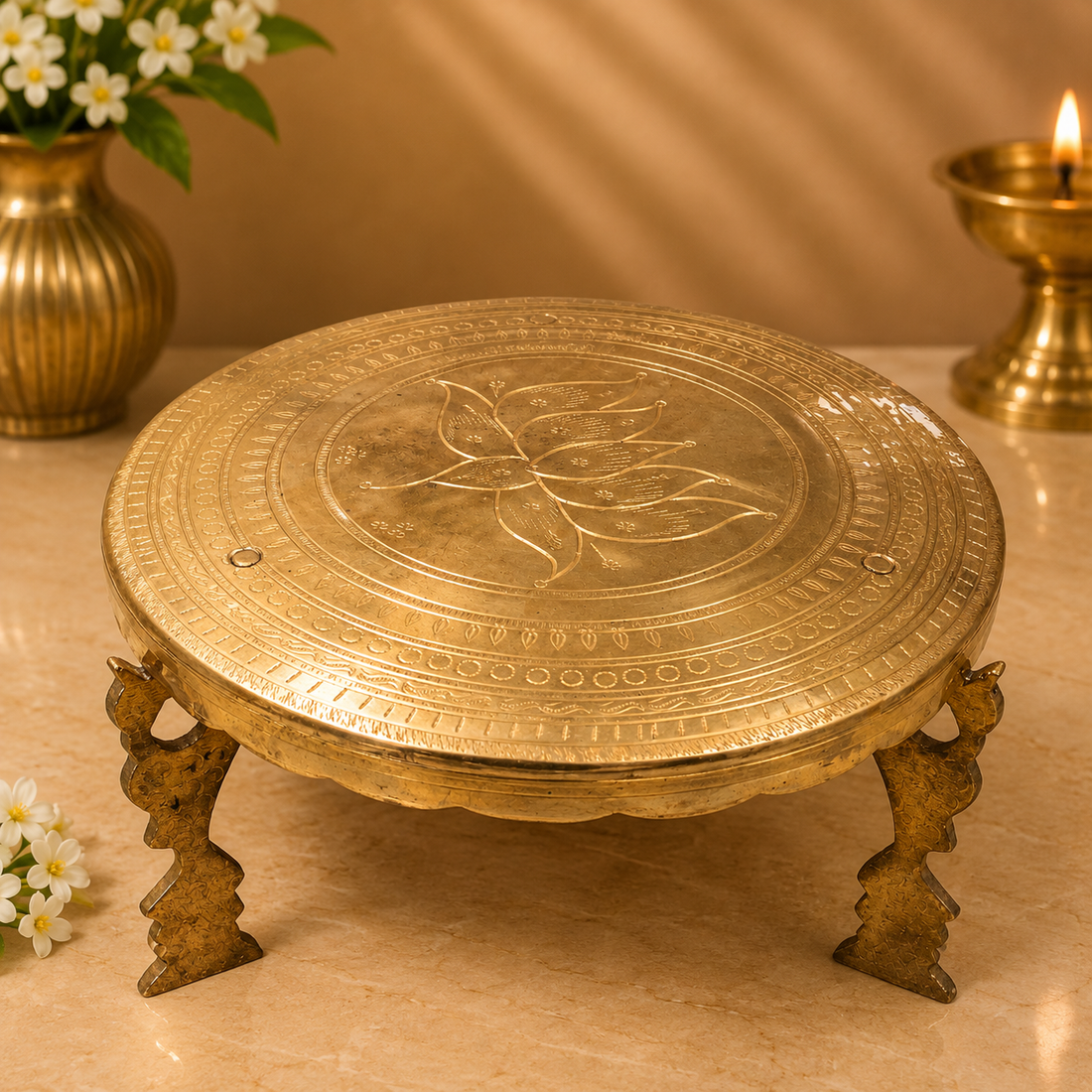 Round Lotus Brass Pooja Stand Chowki – Traditional Peetham Singhasan Circular Idol Display Base for God Idols, Diya, Urli &amp; Temple Décor 6.5 Inch