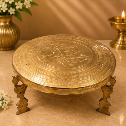 Round Brass Pooja Stand Chowki – Traditional Peetham Singhasan Circular Idol Display Base for God Idols, Diya, Urli &amp; Temple Décor 5.5 Inch