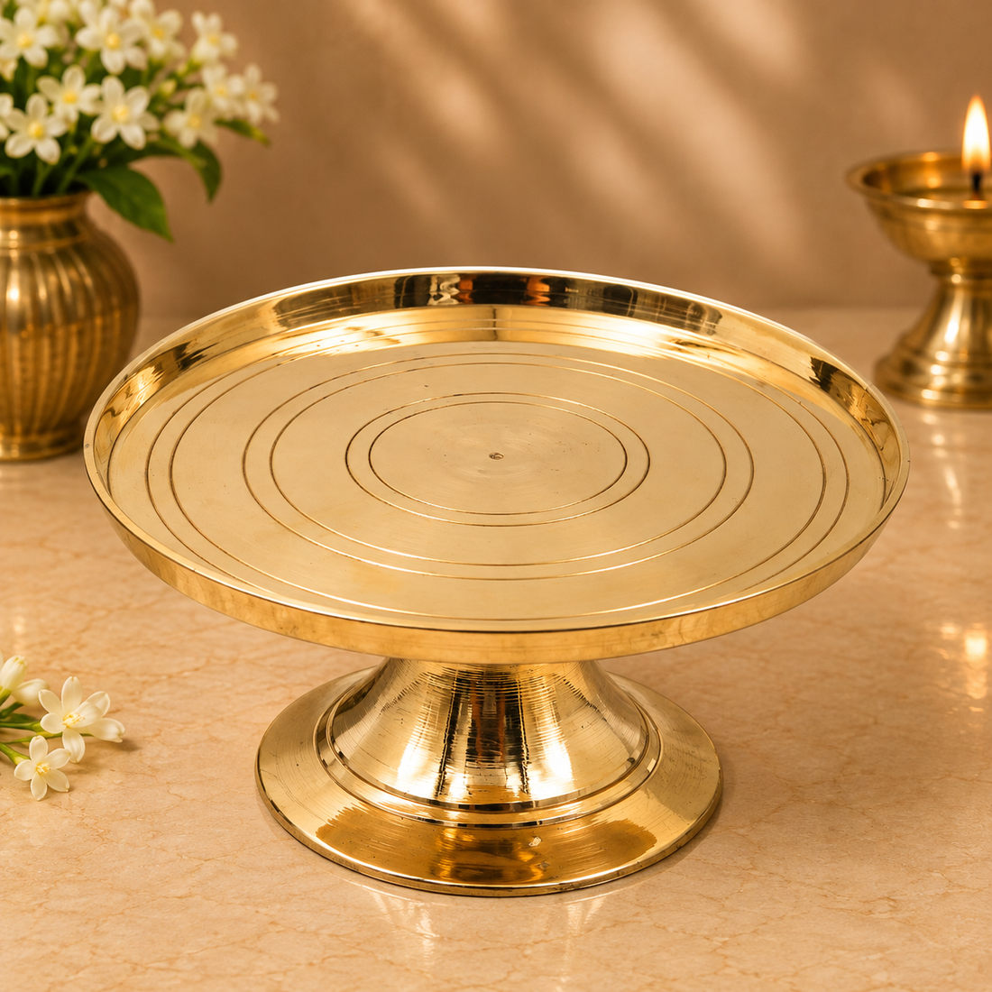 Brass Round Pooja Stand Chowki – Traditional Peetham Singhasan Circular Idol Display Base for God Idols, Diya, Urli &amp; Temple Décor 2.5 Inch