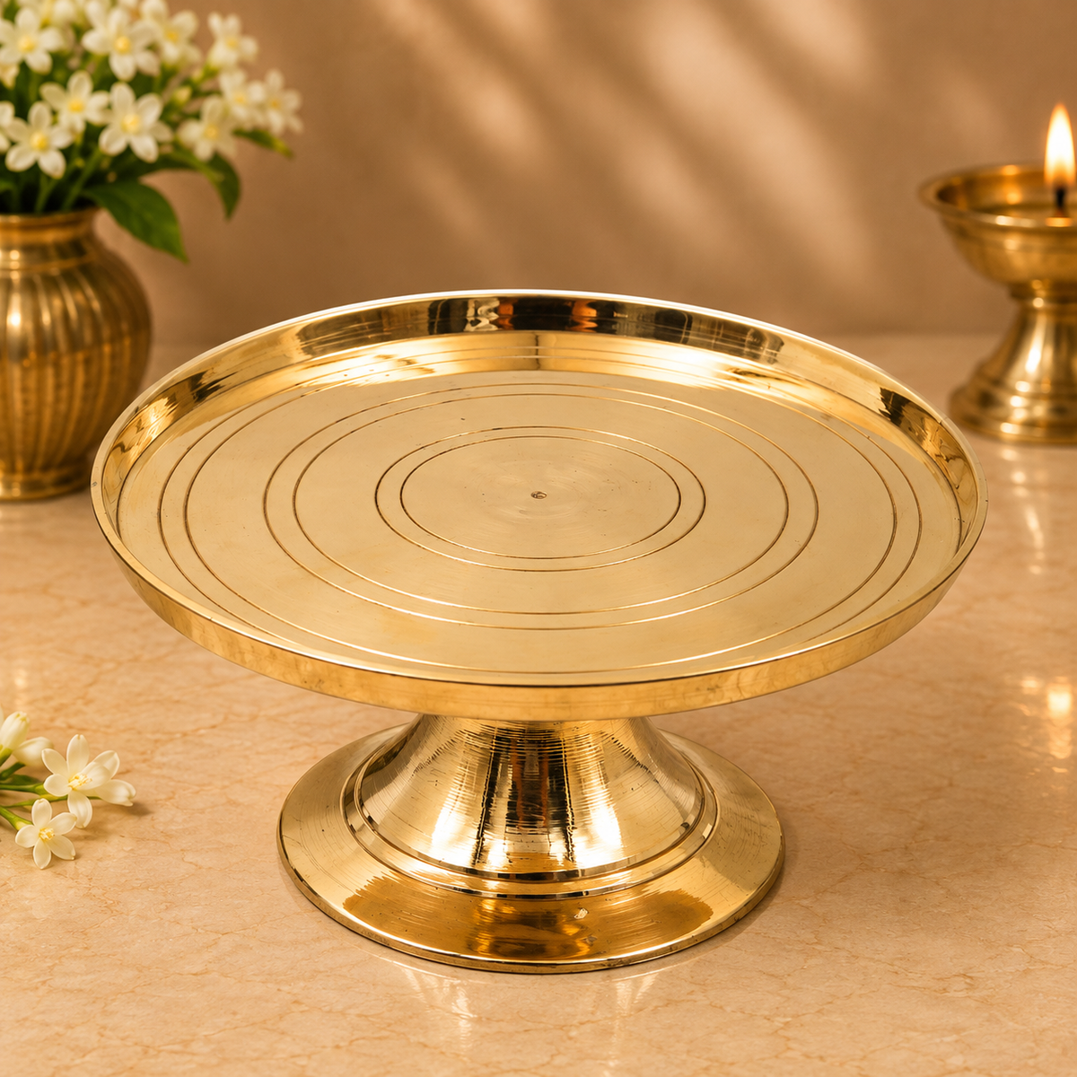 Brass Round Pooja Stand Chowki – Traditional Peetham Singhasan Circular Idol Display Base for God Idols, Diya, Urli &amp; Temple Décor 3 Inch