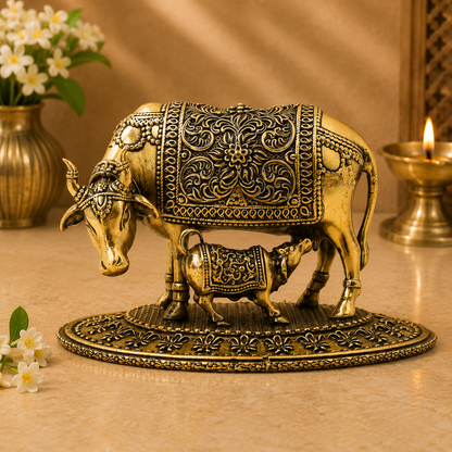 Handcrafted Brass Kamadhenu Idol – Surabhi Cow with Calf (Gau Mata) Murti, Handcrafted Divine Cow for Puja, Home &amp; Temple Décor 3.5 Inch