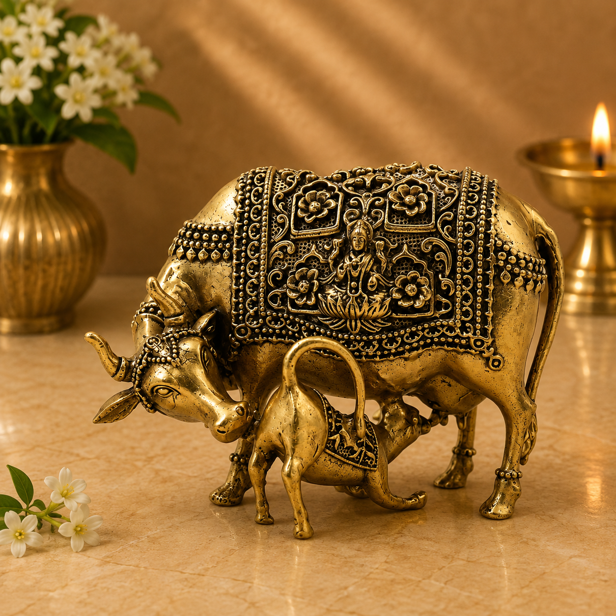 Brass Kamdhenu Gomata Idol – Sacred Surabhi Cow Murti for Pooja, Home Mandir, Vastu Décor &amp; Spiritual Blessings 3 Inch